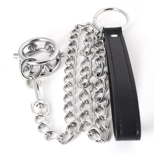 Cock Head Glans Ring Stainless Steel Spikes Toy with Leash