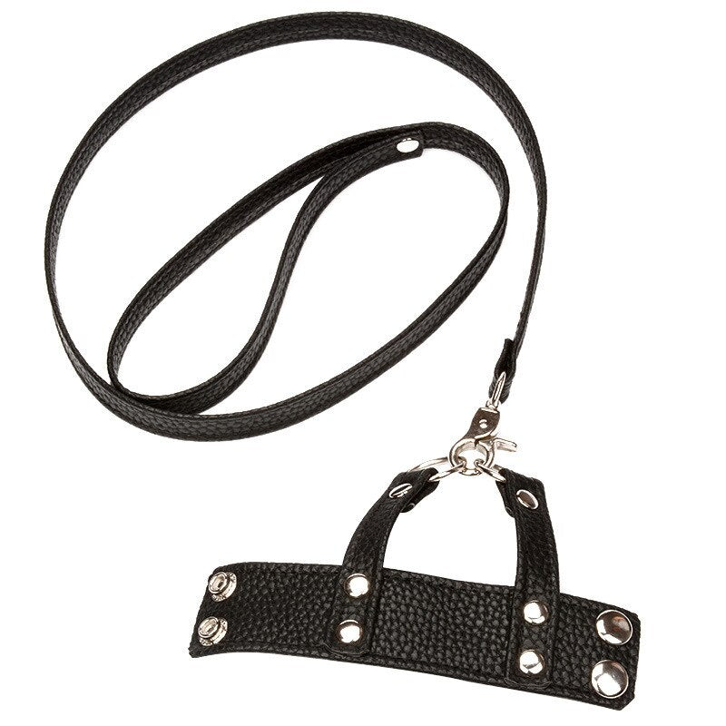 Black BDSM Faux Leather Testicle Pulling Collar and Leash - BallbustingToys.com