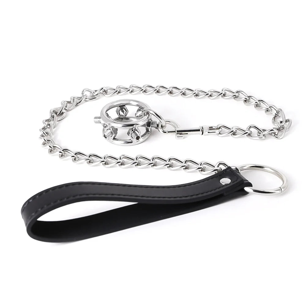 Cock Head Glans Ring Stainless Steel Spikes Toy with Leash