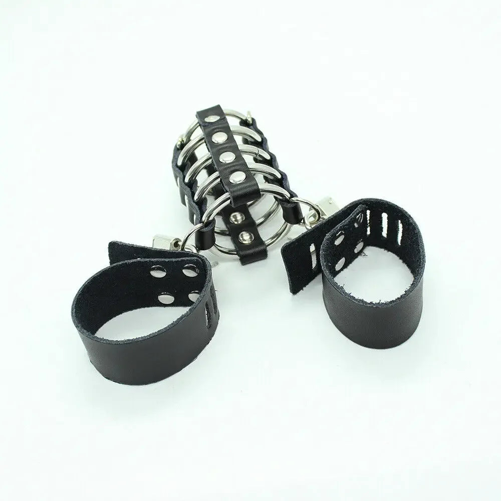 Leather and Steel Locking Male Chastity Cage Restraint