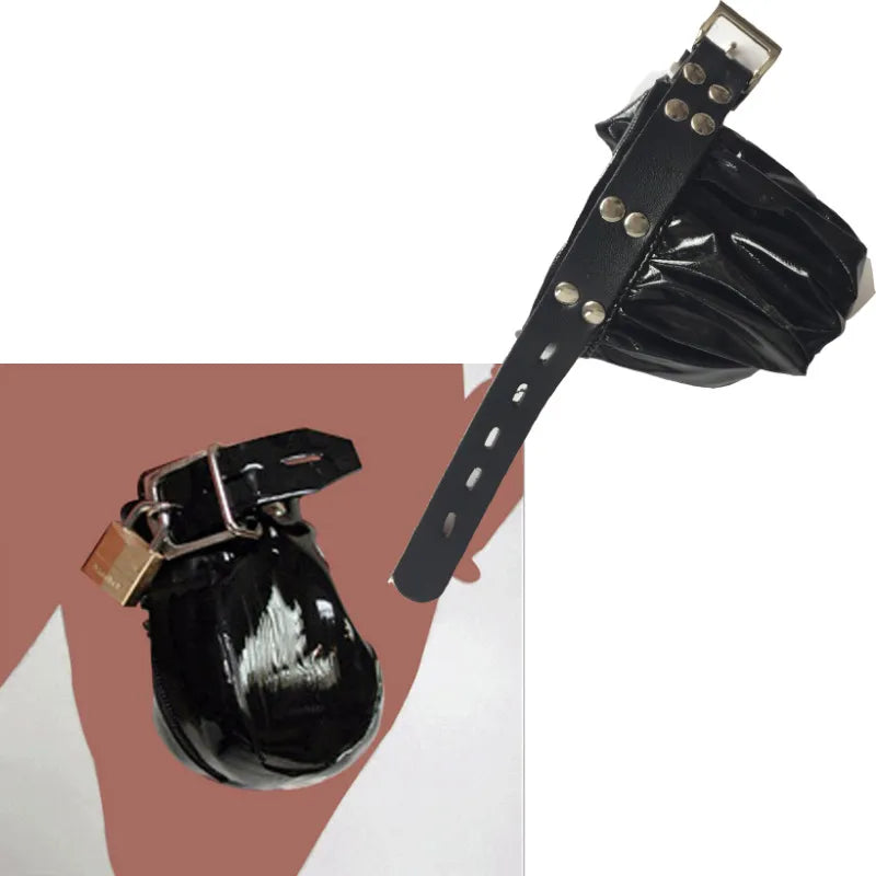 Mens Shiny Black Patent Leather Lockable Chastity Bag