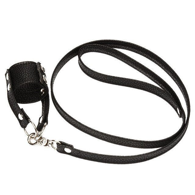 Black BDSM Faux Leather Testicle Pulling Collar and Leash - BallbustingToys.com