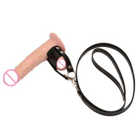 Black BDSM Faux Leather Testicle Pulling Collar and Leash - BallbustingToys.com
