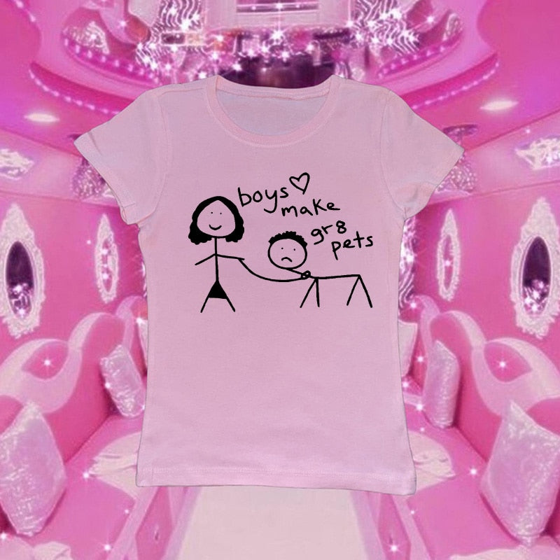 White or Pink "Boys Make Great Pets" Funny Kinky FemDom E-girl Fetish T-shirt - BallbustingToys.com
