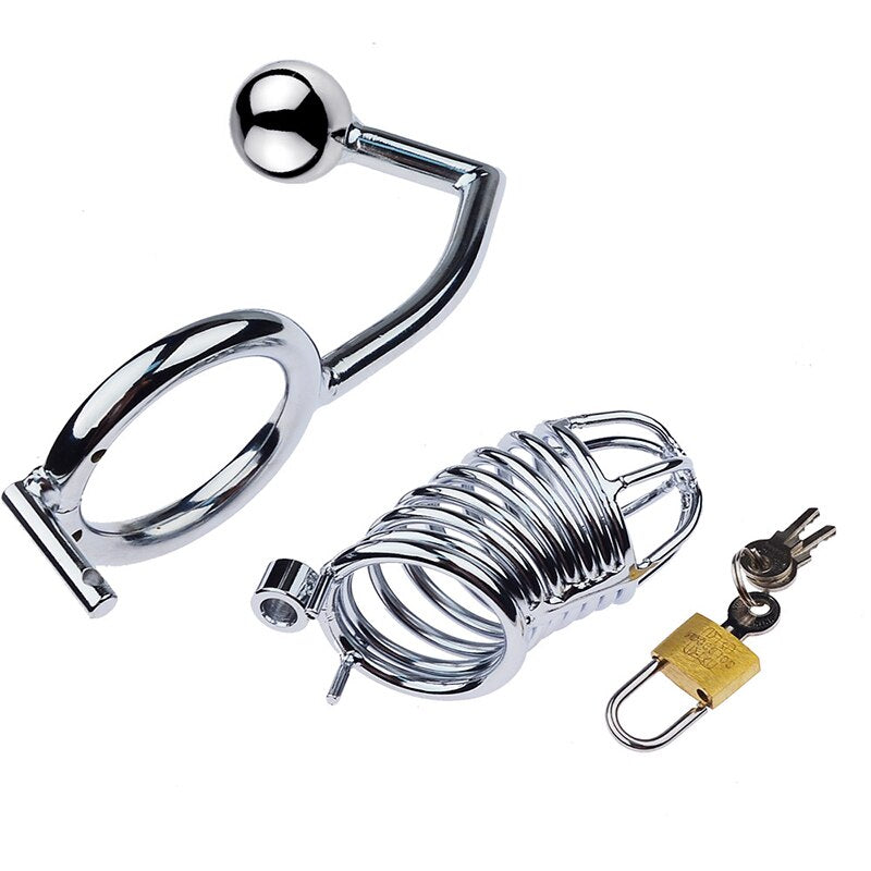 Silver Metal Chastity Cage with Anal Hook