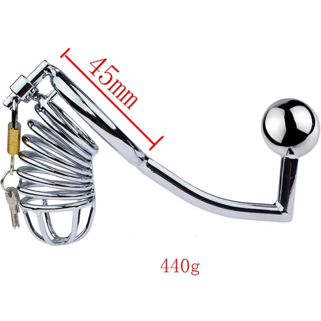 Silver Metal Chastity Cage with Anal Hook